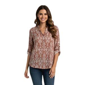 DNA Couture Pattern V-Neck Blouse Small S Sheer Rust Floral Button Tab Sleeve